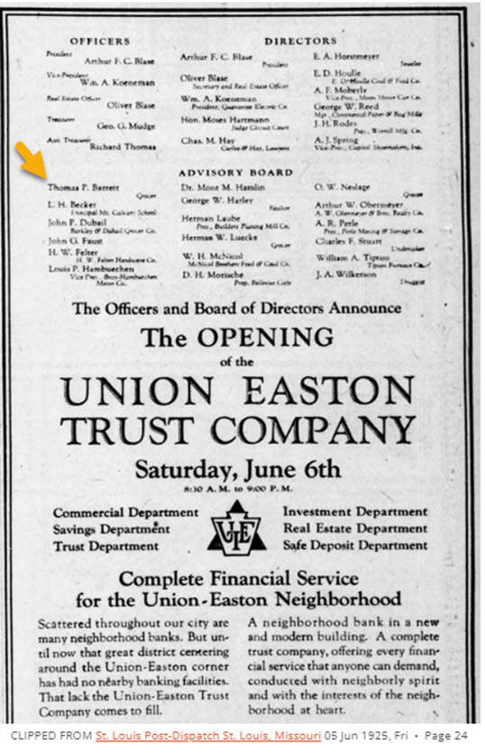 Ad for opening of Union Easton Trust Company, 5 Jun 1925.