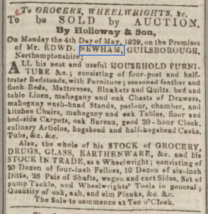 Northampton Mercury, May 2, 1829, auction notice