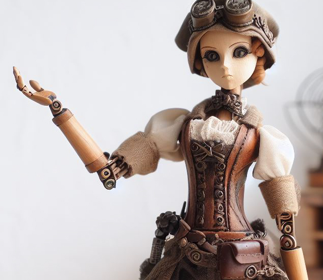 AI steampunk doll with interesting elbow joints