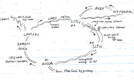 map of Hilltribe village trek, Thailand