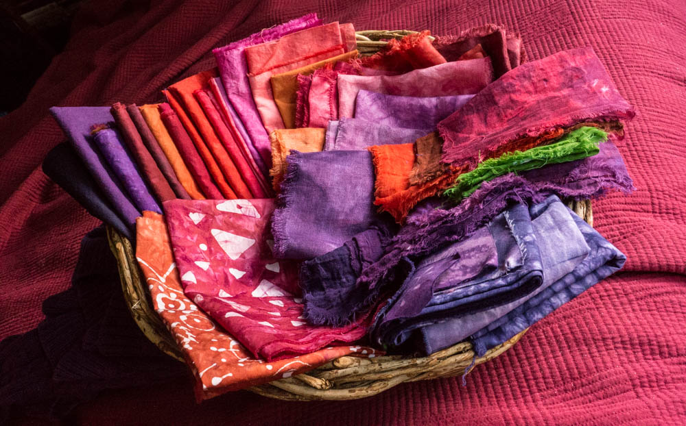 autumn: Priocion MX dyes on Pima cotton, cotton lawn, harem cloth cotton, and antique linen damask