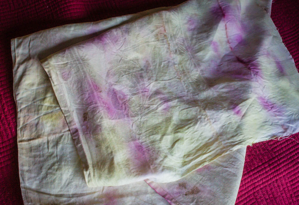 eco-print, geraniums on damask linen